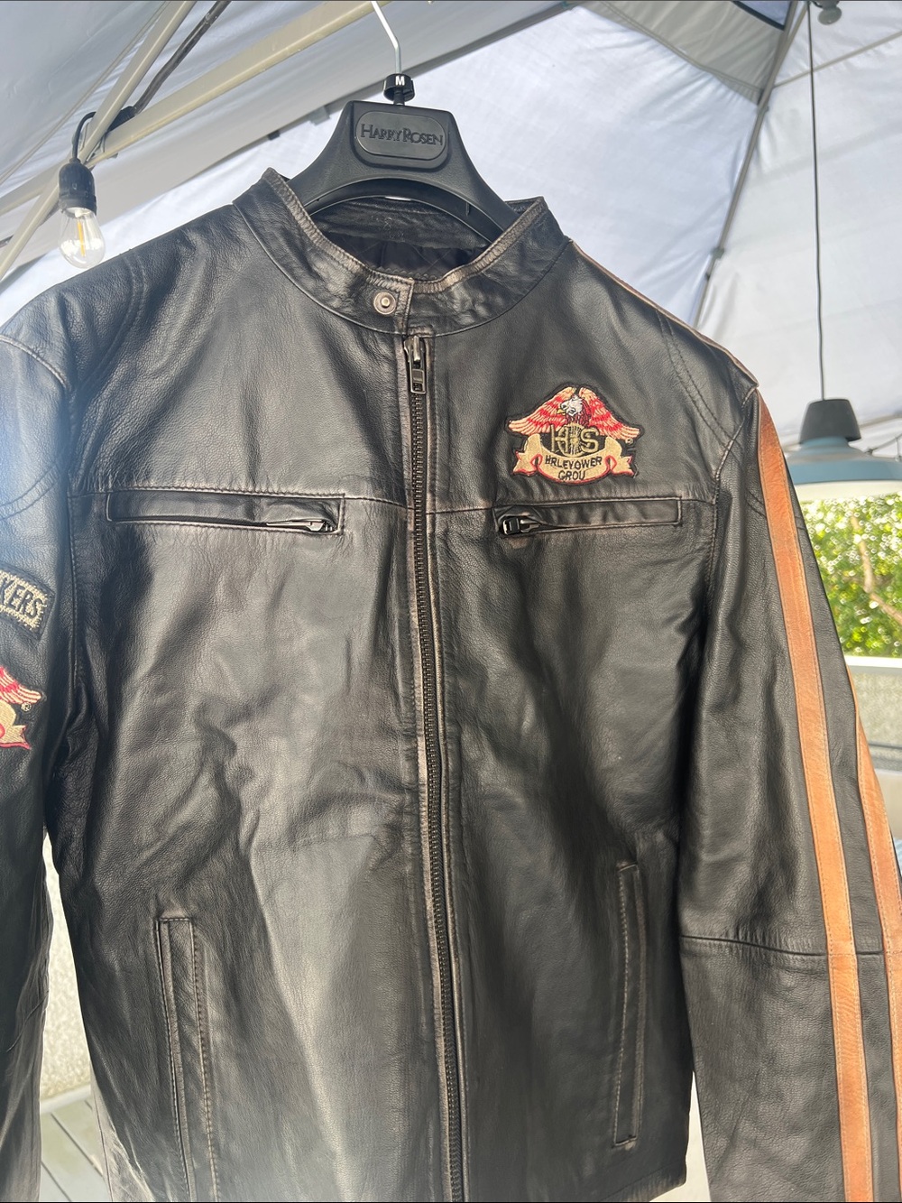 Men's Black Leather Biker Jacket with Brown Stripe